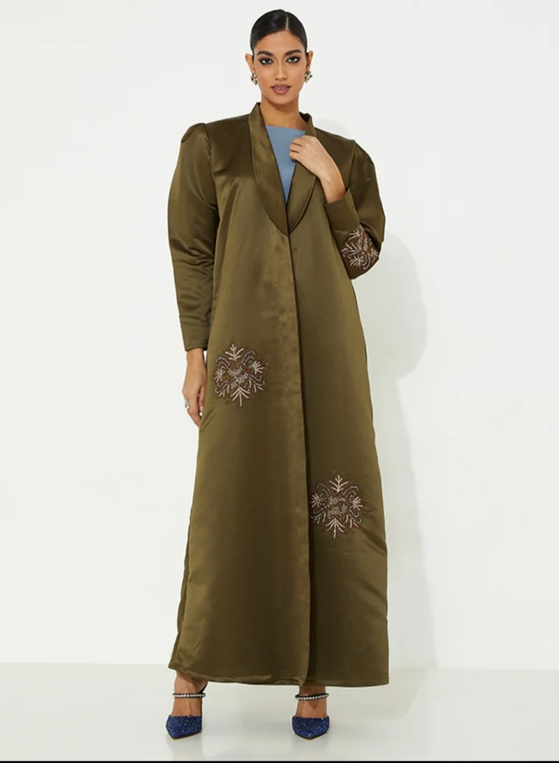 Rosette Abaya olive Jacket with Embroidery Elegant Design