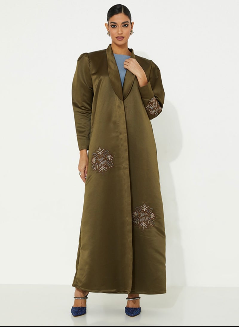 Rosette Abaya olive Jacket with Embroidery Elegant Design - Image 1