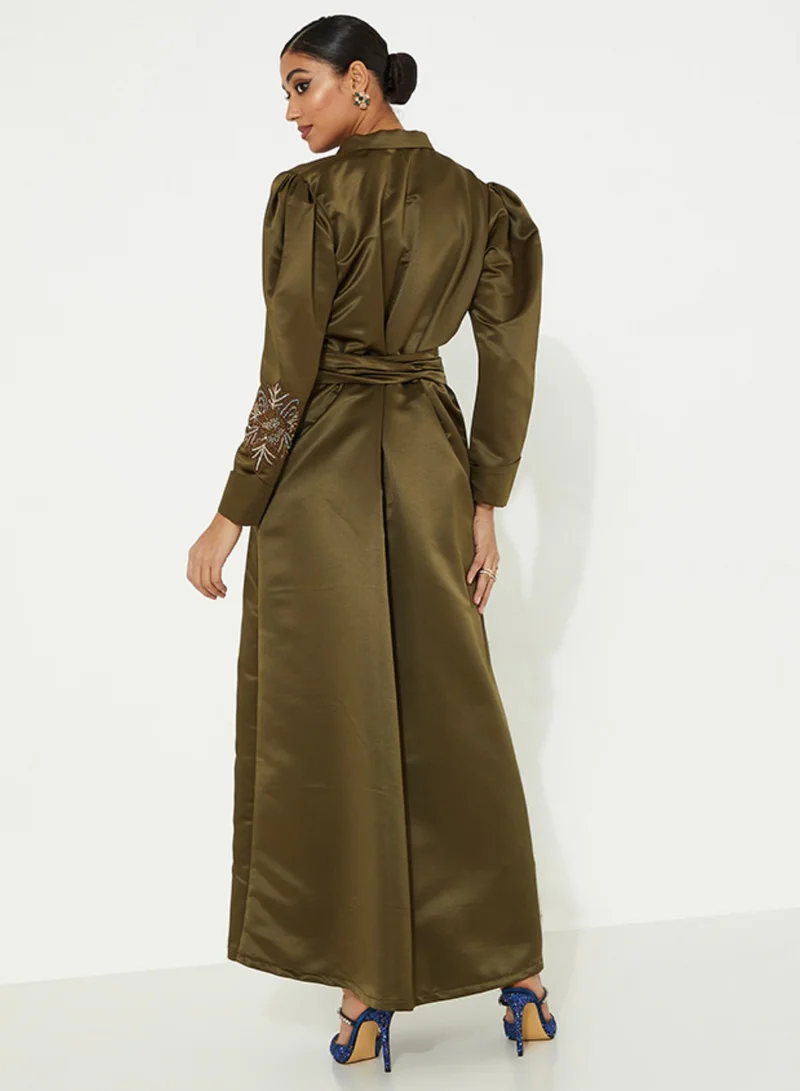 Rosette Abaya olive Jacket with Embroidery Elegant Design
