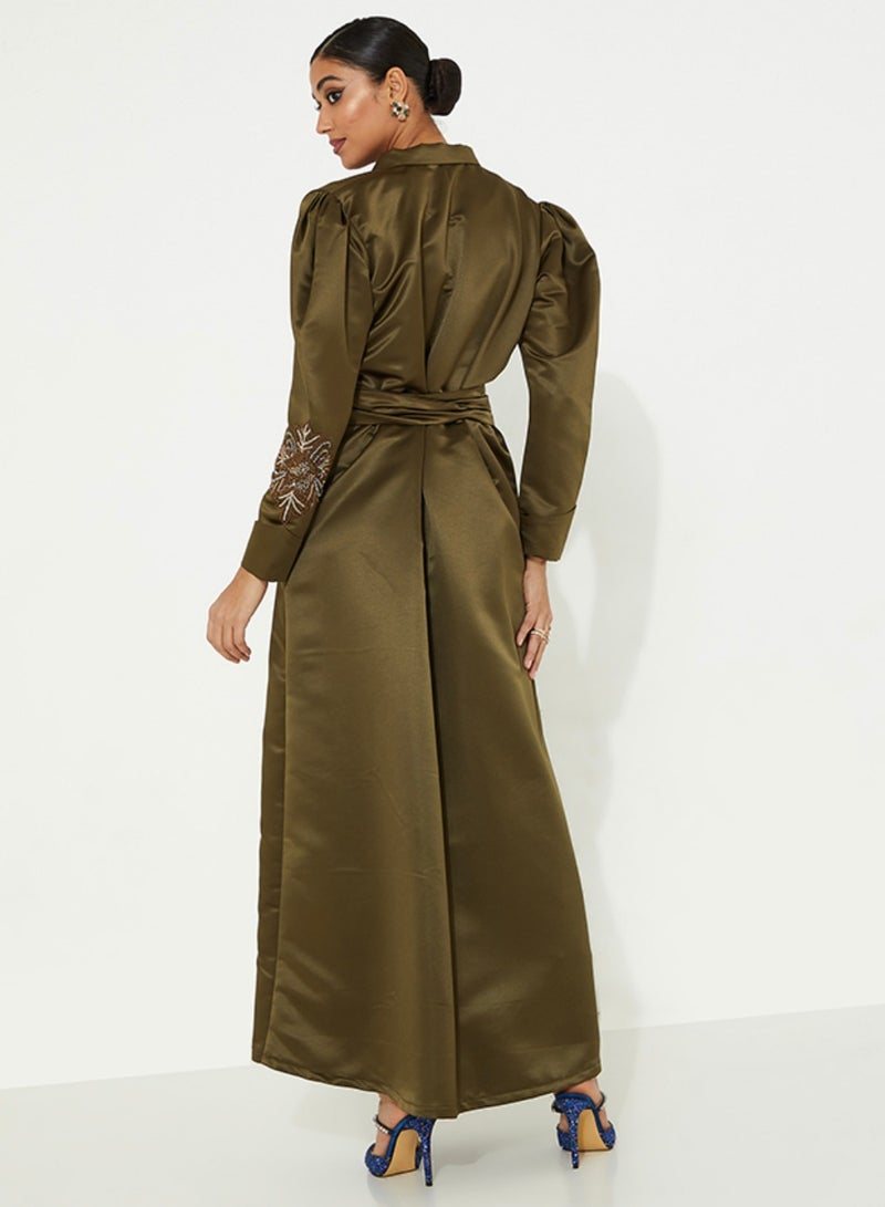 Rosette Abaya olive Jacket with Embroidery Elegant Design - Image 2
