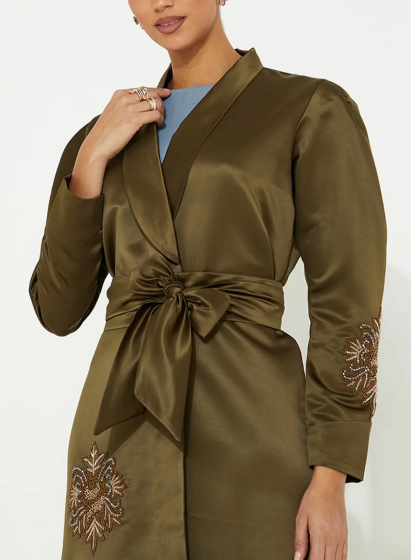 Rosette Abaya olive Jacket with Embroidery Elegant Design