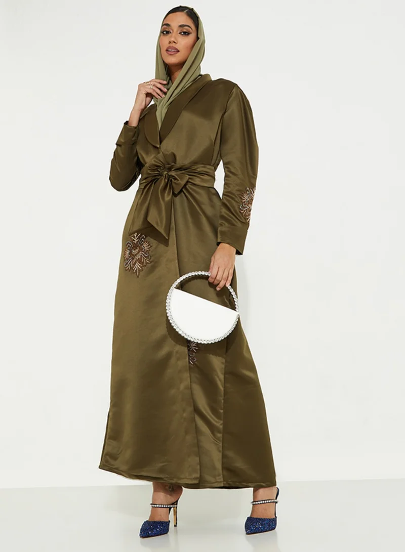 Rosette Abaya olive Jacket with Embroidery Elegant Design