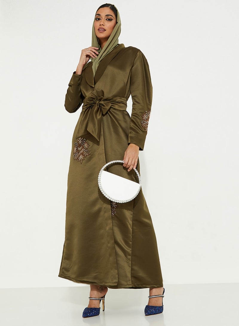 Rosette Abaya olive Jacket with Embroidery Elegant Design - Image 4