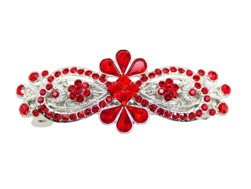 Faship Red Rhinestone Crystal Floral Hair Barrette Clip