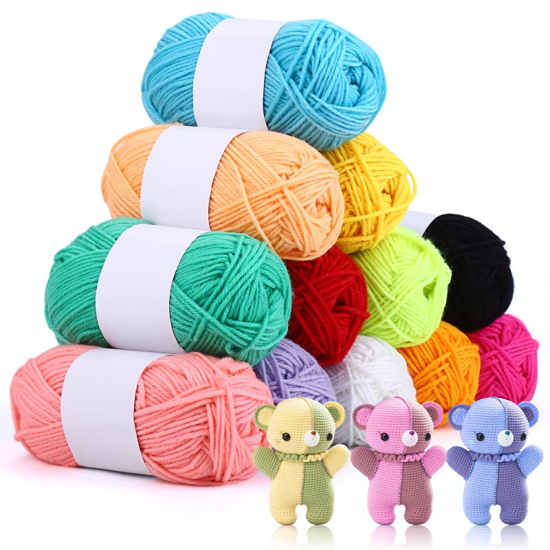 Tuklye 12x 10g Acrylic Yarn Knitting Wool Crochet Yarn Ideal for Beginners Kids Crafts Small Projects