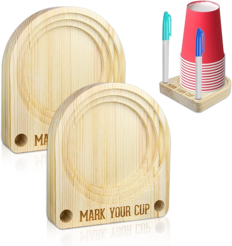 Gfdoso 2Pcs Cup Holder with Marker Slot - Wooden Cup Holder with Marker Slot Suitable for Marking Cup Holders at Party, Kitchen Countertop, Picnic and Social Gathering - Image 1