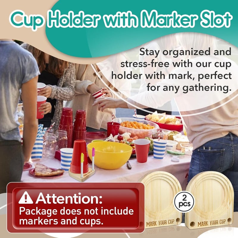Gfdoso 2Pcs Cup Holder with Marker Slot - Wooden Cup Holder with Marker Slot Suitable for Marking Cup Holders at Party, Kitchen Countertop, Picnic and Social Gathering - Image 2