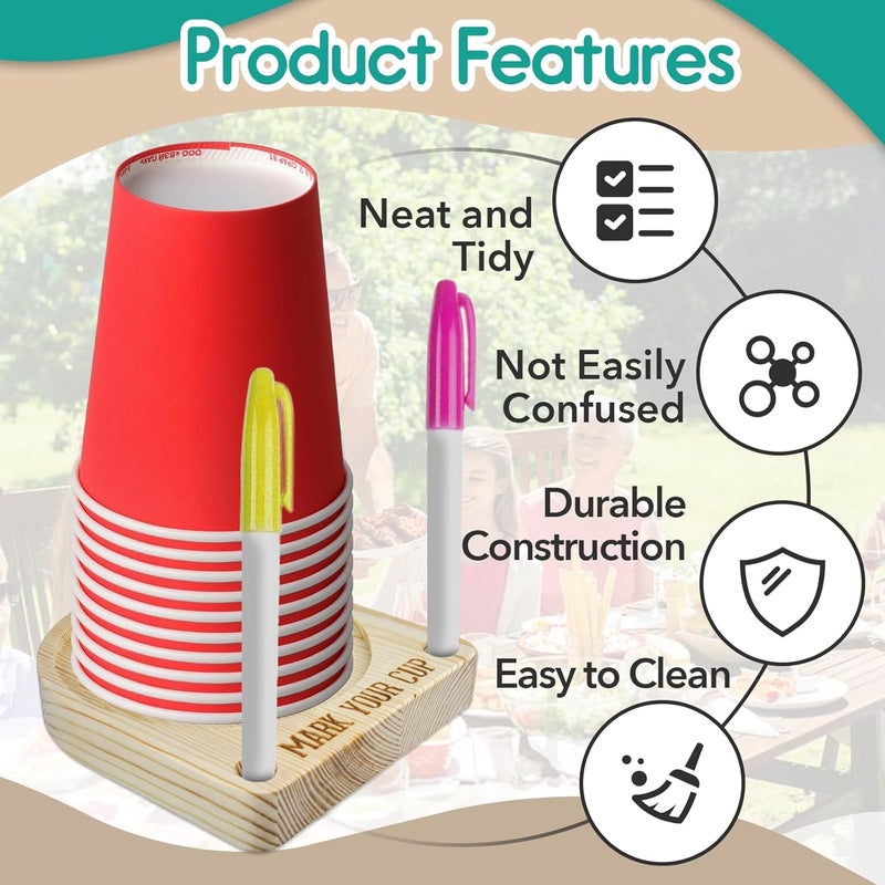 Gfdoso 2Pcs Cup Holder with Marker Slot - Wooden Cup Holder with Marker Slot Suitable for Marking Cup Holders at Party, Kitchen Countertop, Picnic and Social Gathering - Image 4