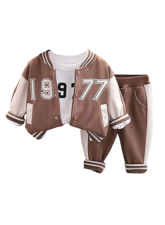LITTLE SURPRISE BOX Brown & Cream 1977 Designed 3 Pcs Varsity Jacket Styled Track Suit Set For Toddlers And Kids  - Image 1