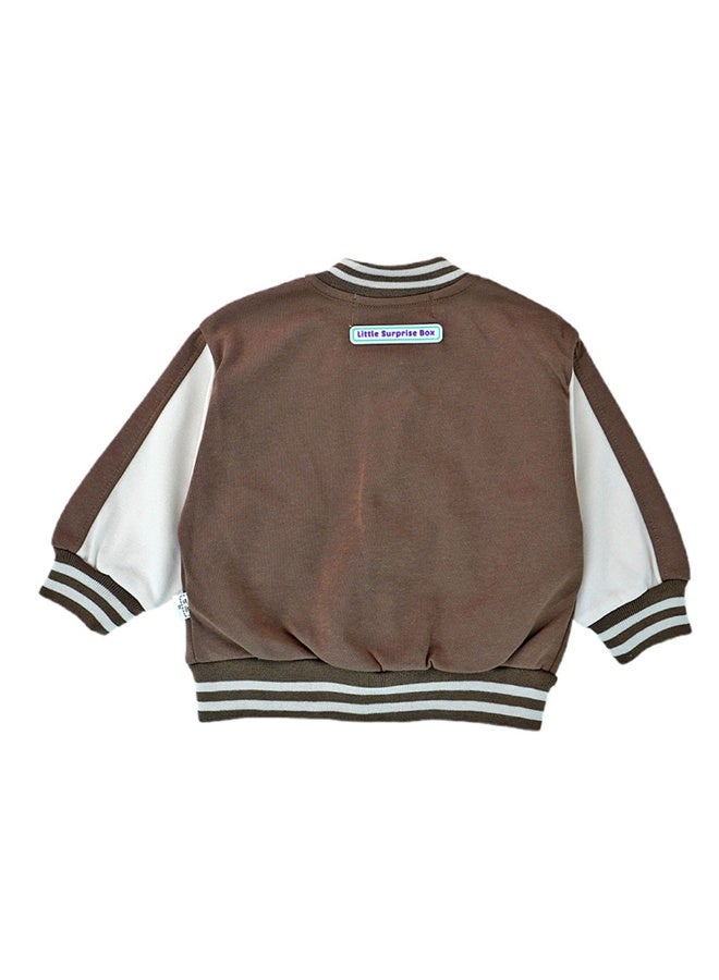 LITTLE SURPRISE BOX Brown & Cream 1977 Designed 3 Pcs Varsity Jacket Styled Track Suit Set For Toddlers And Kids  - Image 5