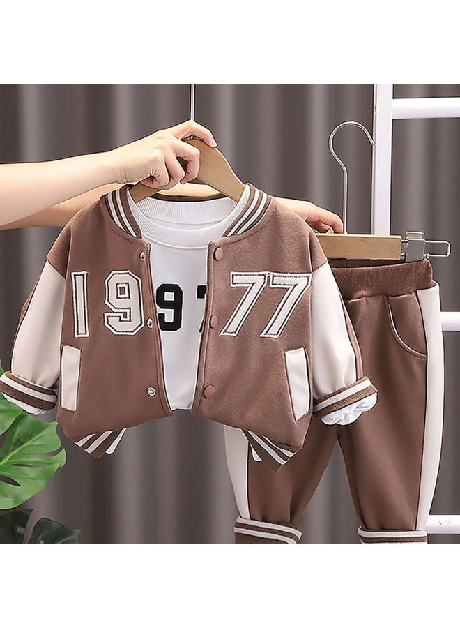LITTLE SURPRISE BOX Brown & Cream 1977 Designed 3 Pcs Varsity Jacket Styled Track Suit Set For Toddlers And Kids  - Image 2