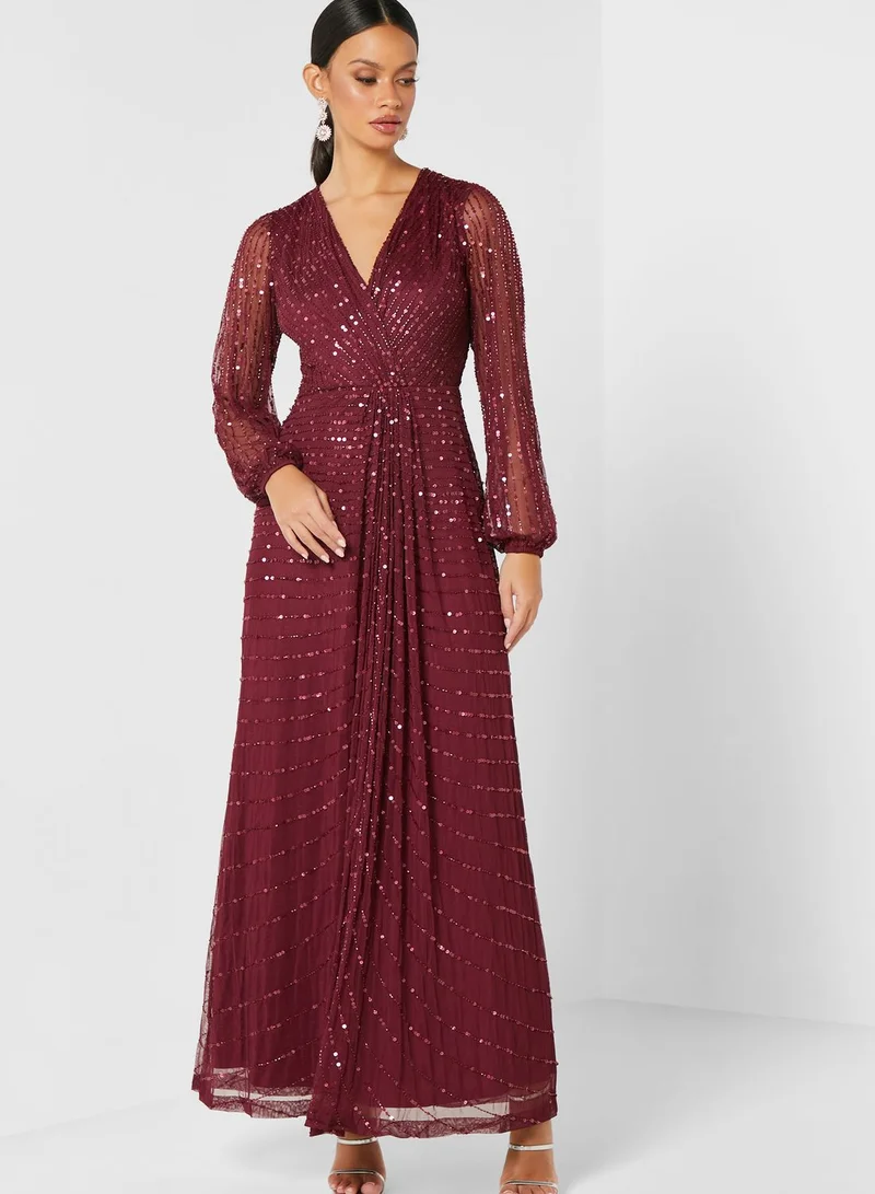 Angel Eye Mesh Sleeves Sequin Maxi Dress