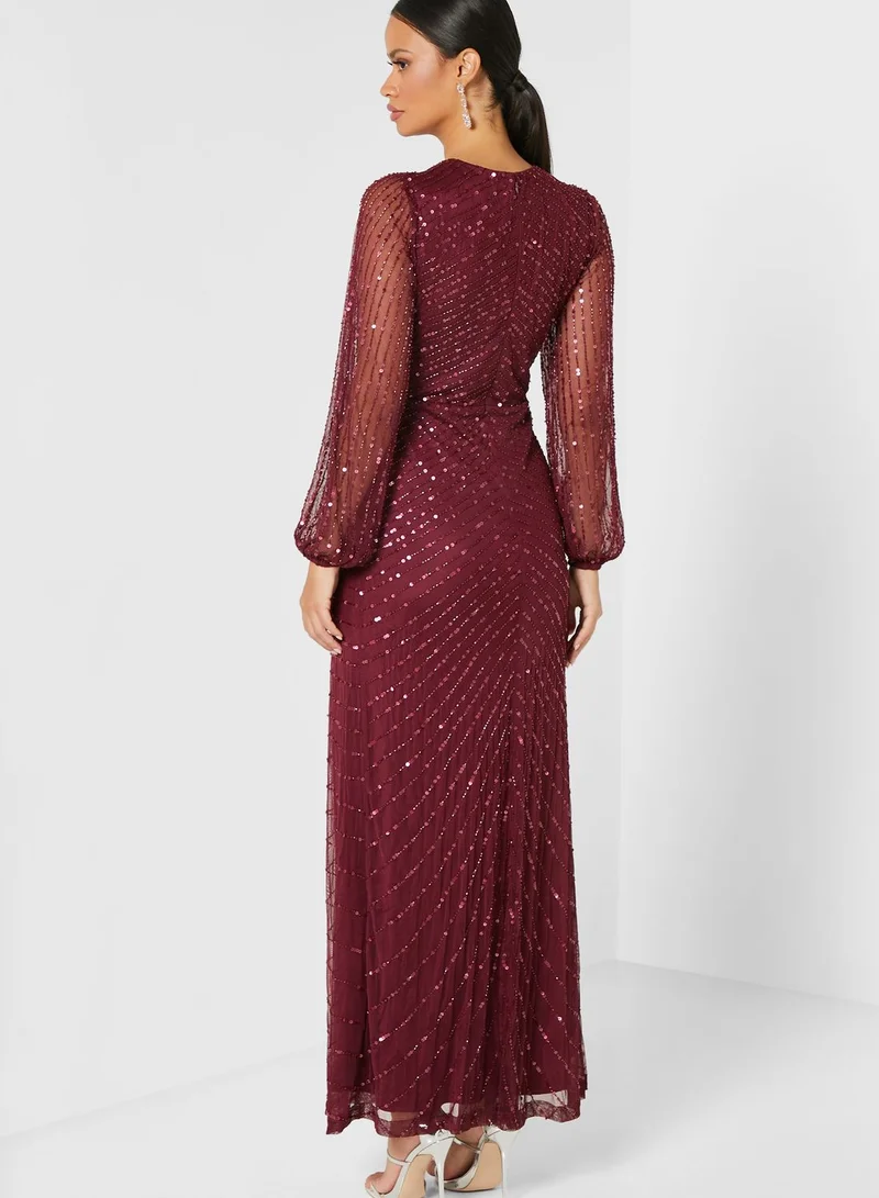 Angel Eye Mesh Sleeves Sequin Maxi Dress