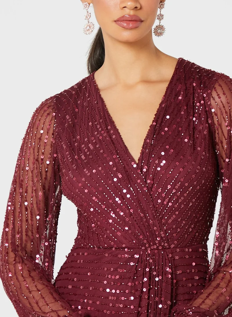 Angel Eye Mesh Sleeves Sequin Maxi Dress