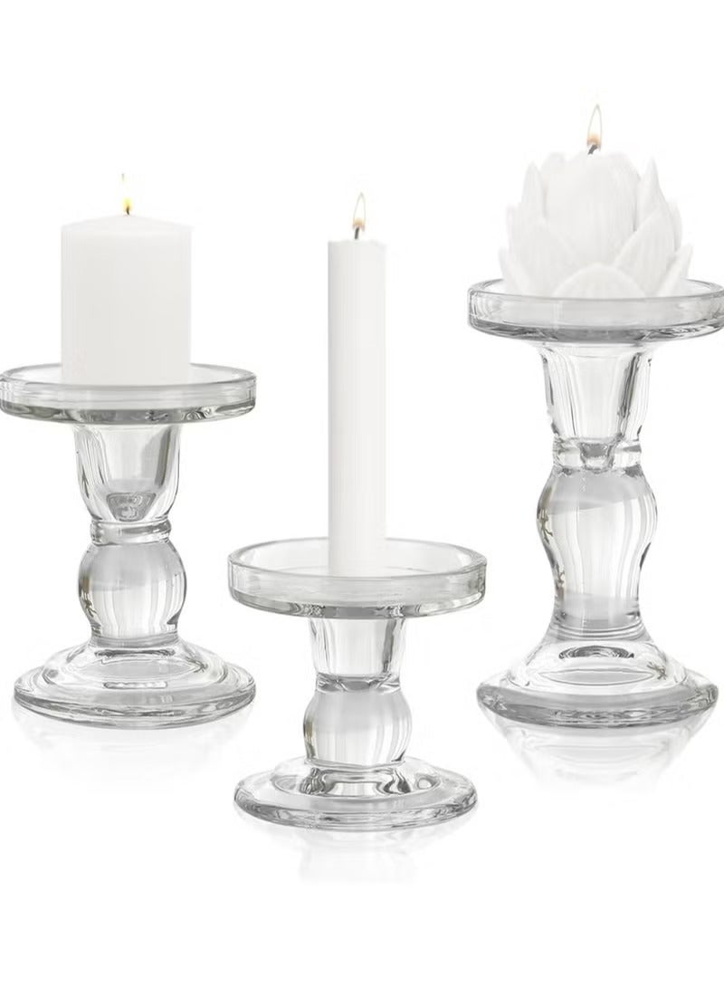 هاي هونور حامل شمعة الزجاج ، 3 قطعة الكريستال حامل شمعة شفافة ، وتصميم أنيق ، ومناسبة لشمعة المخروط عمود ومصابيح الشاي ، مائدة طعام الأسرة ، غرفة المعيشة الديكور الطرف ديكور المنزل - شفافة - Image 1