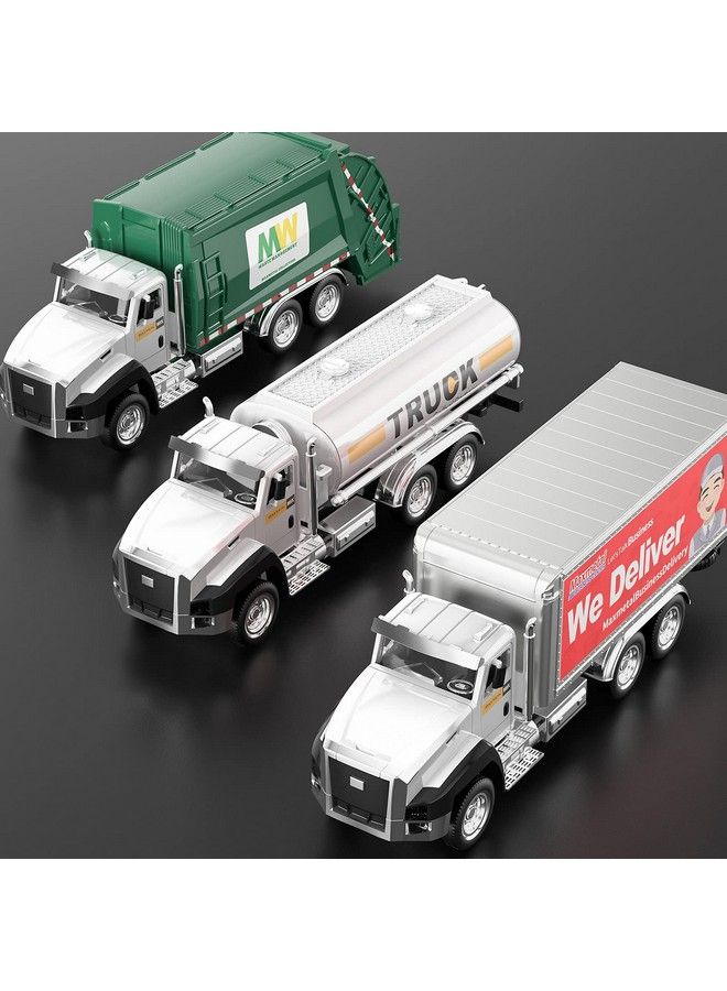 TEMI 3 Pack Of Diecast City Transport Vehicles Garbage Truck Tanker Truck Express Delivery Truck 1/50 Scale Metal Collectible Model Cars Pull Back Car Toys With Opening Doors For Boys And Girls - Image 1