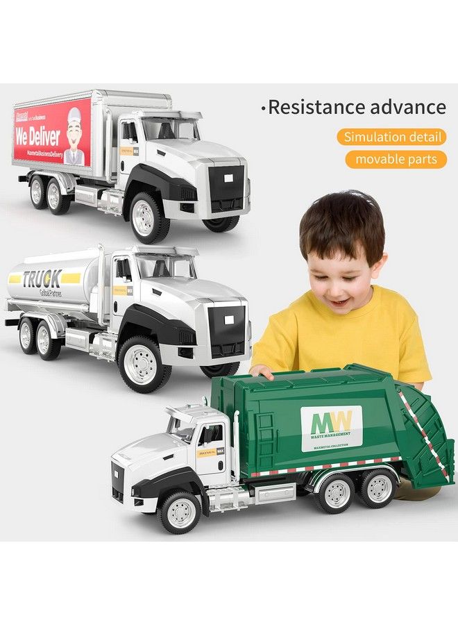 TEMI 3 Pack Of Diecast City Transport Vehicles Garbage Truck Tanker Truck Express Delivery Truck 1/50 Scale Metal Collectible Model Cars Pull Back Car Toys With Opening Doors For Boys And Girls - Image 4