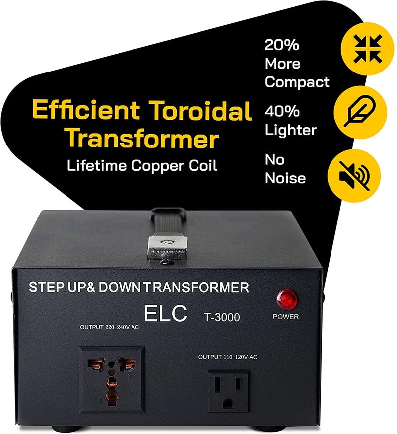 ELC T Series 3000 Watt Voltage Converter Transformer - Step Up/Down - 110v to 220v / 220v to 110v Power Converter - Circuit Breaker Protection, CE Certified [3-Years Warranty] - Image 3