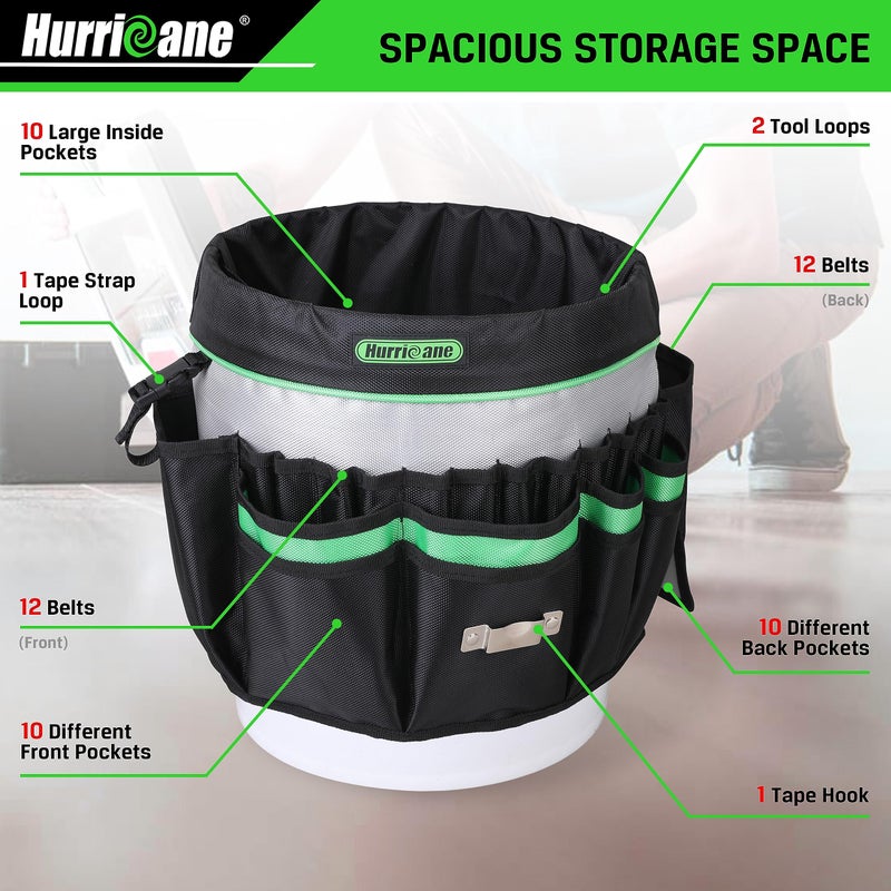 HURRICANE 5 Gallon Bucket Tool Bag Organizer, Garden Tool Caddy with 52 Pockets, Waterproof for Most Buckets - Image 3
