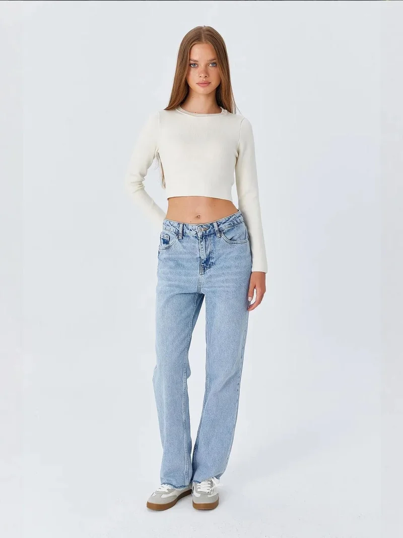 Mixray Ivory Natural Mixray Long Sleeve Basic Crop Knit Top for Women | Best Price UAE