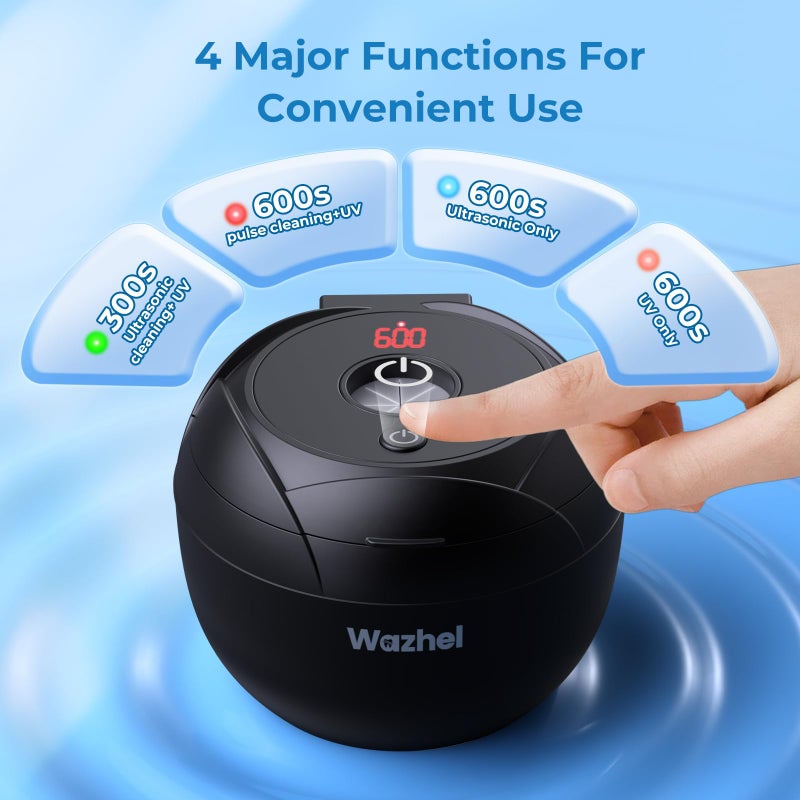 Wazhel Ultrasonic Retainer Cleaner Machine, 45kHz Dental Cleaning Pod for Denture, Mouth Guard, Night Guard, Aligner, Braces, Toothbrush, 200ML Denture Cleaner with Digital Timer & 4 Modes, Black - Image 4