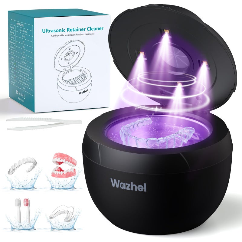 Wazhel Ultrasonic Retainer Cleaner Machine, 45kHz Dental Cleaning Pod for Denture, Mouth Guard, Night Guard, Aligner, Braces, Toothbrush, 200ML Denture Cleaner with Digital Timer & 4 Modes, Black - Image 1