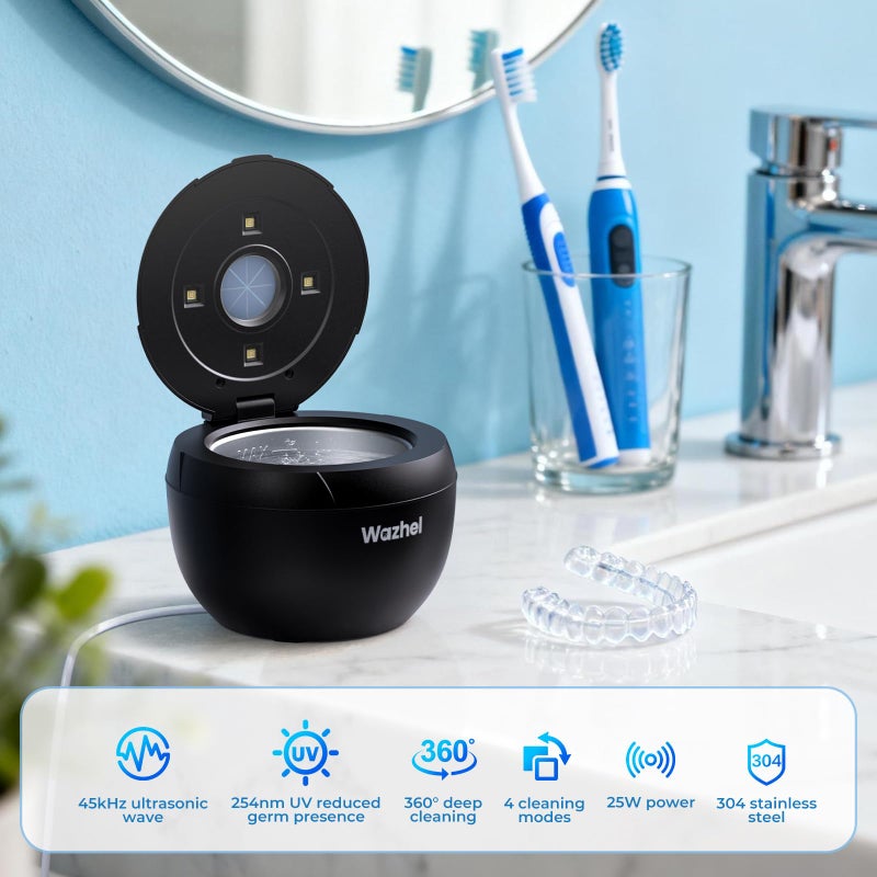Wazhel Ultrasonic Retainer Cleaner Machine, 45kHz Dental Cleaning Pod for Denture, Mouth Guard, Night Guard, Aligner, Braces, Toothbrush, 200ML Denture Cleaner with Digital Timer & 4 Modes, Black - Image 3