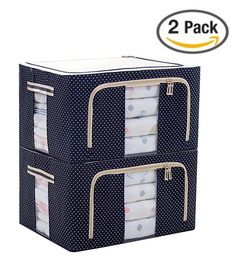 JJMG JJMG Stackable Polka Dots Oxford Cloth Steel Frame Shelf Quilt Clothing Blanket Pillow Shoe Storage Box Holder Container Organizer Seethrough Window double zipper Folding Dark Blue 2 x 66L by JJMG - Image 3