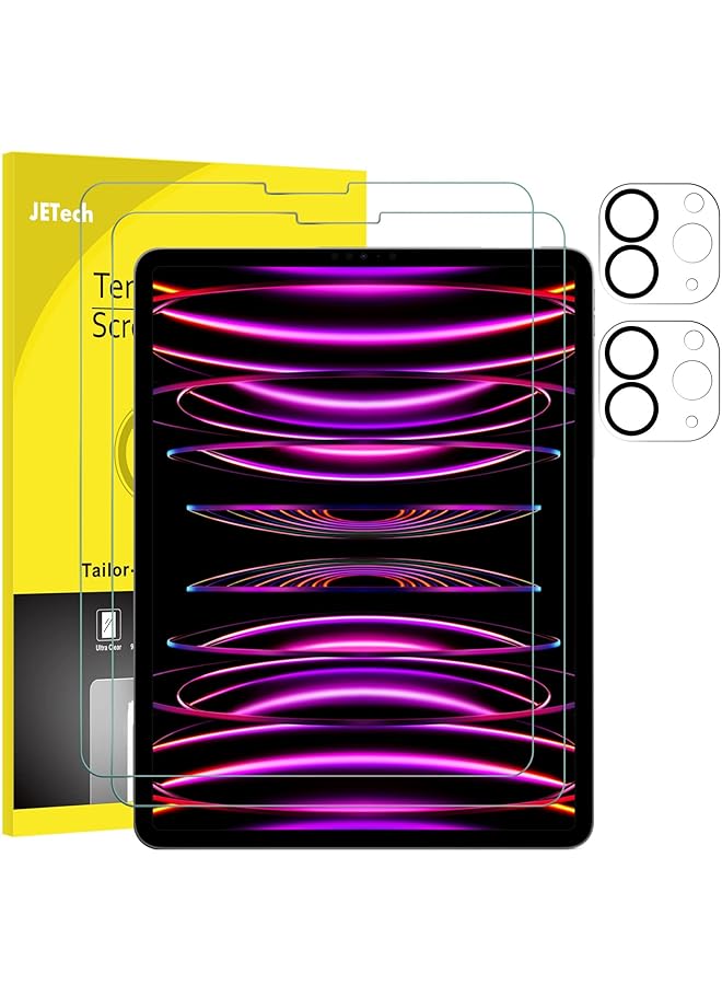 جي تيك واقي شاشة لجهاز Ipad Pro 12.9 بوصة 2022 2021 2020 الجيل السادس والخامس والرابع مع واقي عدسة الكاميرا، فيلم زجاجي مقوى عالي الدقة مضاد للخدش، قلم رصاص ومعرف الوجه، عبوتان لكل منهما - Image 1