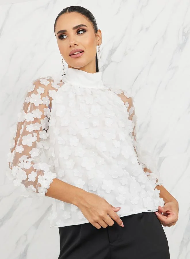 ستايلي Floral Applique Mesh Back Tie Up Blouse