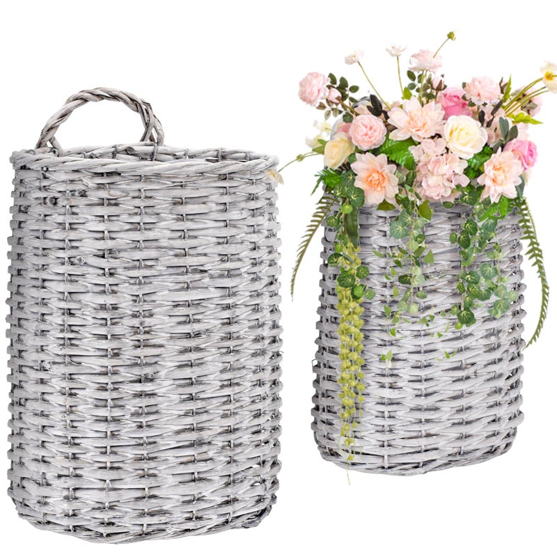 Coloch Set of 2 Wall Hanging Wicker Basket, Farmhouse Garden Hanging Planter Decorative Front Door Hanger Woven Rattan Flower Basket for Wall, Door, Living Room, Patio, 2 Sizes - Image 1