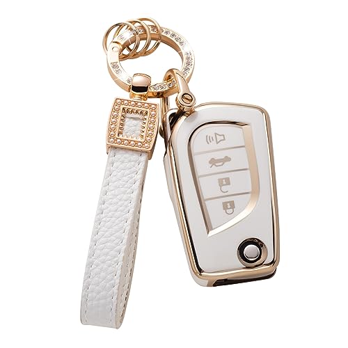 CACARLIKE for Toyota Key Fob Cover with Leather Lanyard, Car Key Fob Case Compatible with Toyota Fortuner Tundra Camry RAV4 Highlander Corolla Smart Key Protector Holder - Image 1