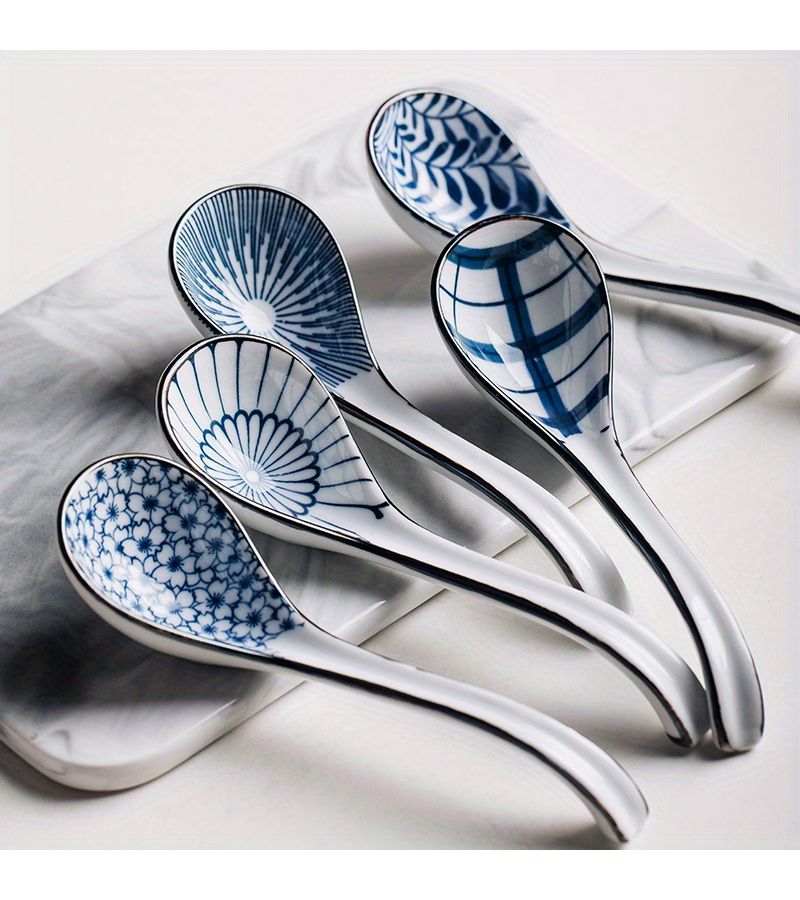 5 Pcs Mixed Color Handmade Japanese High Temperature Underglaze Hand Painted Ceramic Soup Spoons Hook Spoon - Image 2