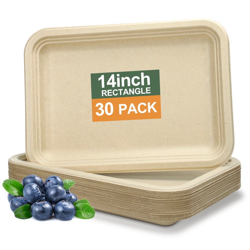 BangShou Disposable Paper Plates 30 Pack Bagasse Food Trays 14 Inch Compostable  Biodegradable Event Plates Unbleached BPAFree MicrowaveSafe SoakProof Cut Resistant