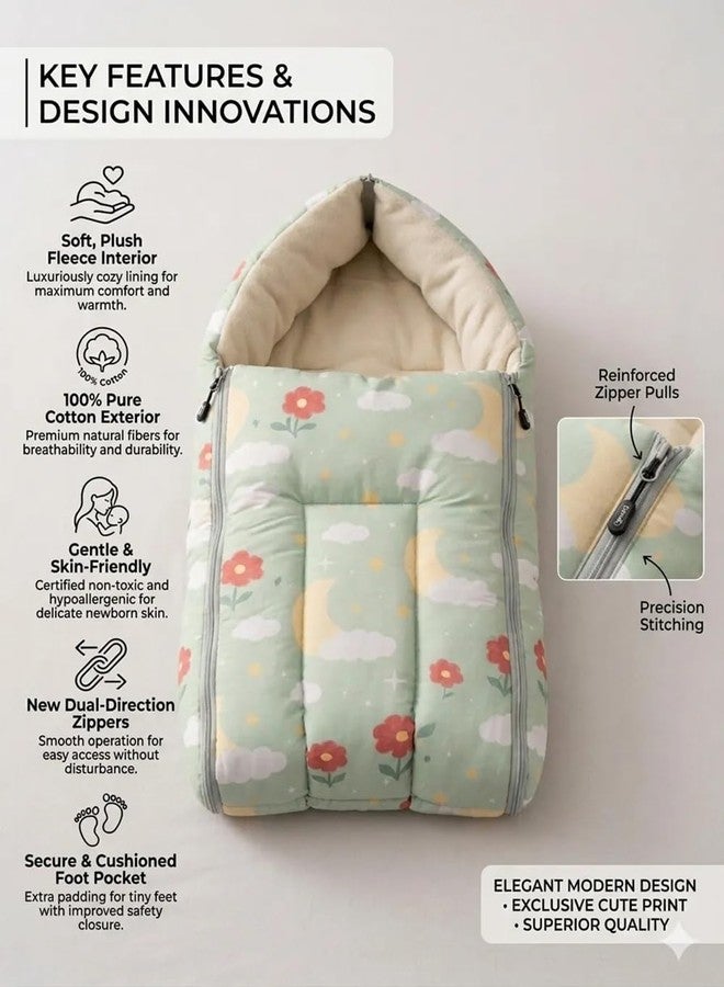 FinchGold 100% Cotton Baby Sleeping Bag for Newborn Baby | Soft & Breathable Baby Carry Nest | Portable Baby Bedding Bag with Zipper | Warm Sleeping Sack for Infants 0-12 Months | Green Floral Print - Image 2