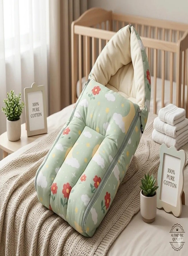 FinchGold 100% Cotton Baby Sleeping Bag for Newborn Baby | Soft & Breathable Baby Carry Nest | Portable Baby Bedding Bag with Zipper | Warm Sleeping Sack for Infants 0-12 Months | Green Floral Print - Image 1