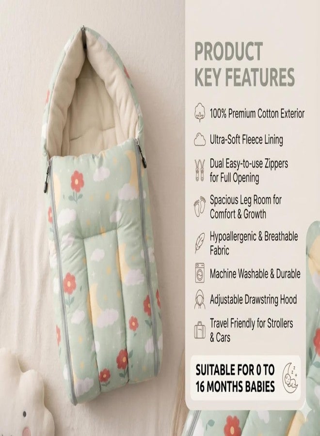 FinchGold 100% Cotton Baby Sleeping Bag for Newborn Baby | Soft & Breathable Baby Carry Nest | Portable Baby Bedding Bag with Zipper | Warm Sleeping Sack for Infants 0-12 Months | Green Floral Print - Image 3