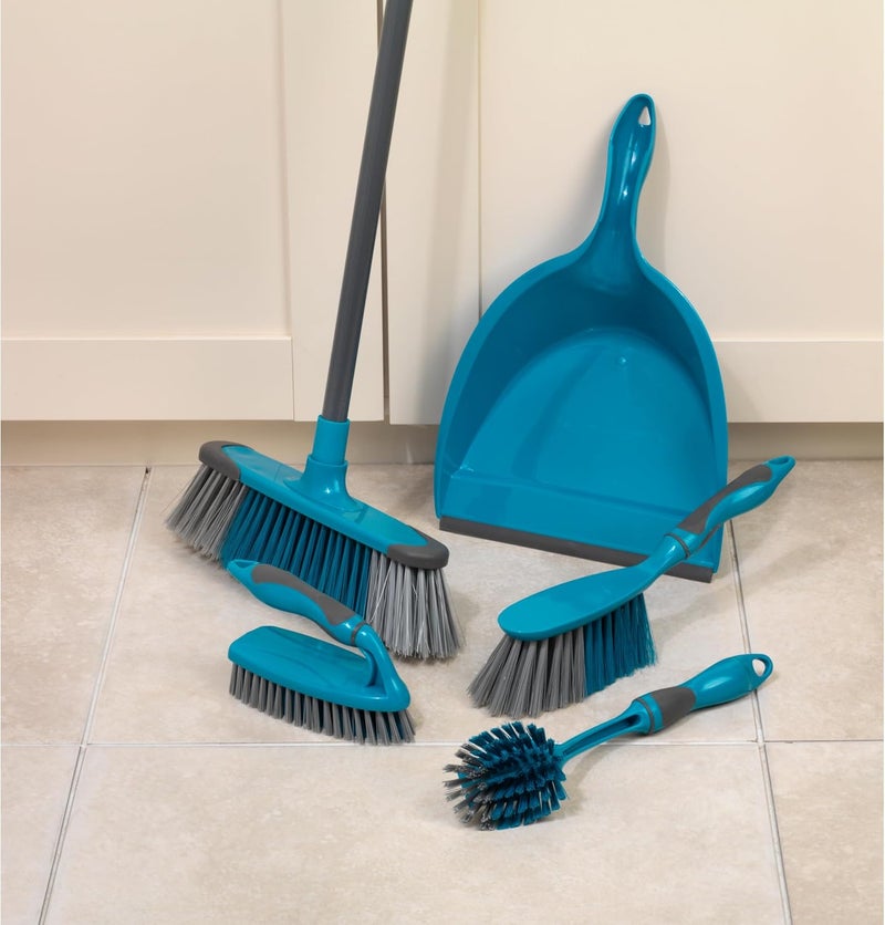 Beldray LA024152TQ 5 Piece Cleaning Set - Soft Bristle Broom Dustpan and Brush, Scrubbing Brush and Dish Brush, Cleaning Utensils, Spring Cleaning Kit, Sweeping, Soft Handles, Turquoise - Image 3