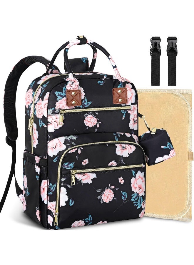 Tenot Baby Diaper Bag Backpack, Travel Diaper Bags for Baby Girl Boy Large Capacity Baby Bag Backpack for Women Black Floral - Image 1