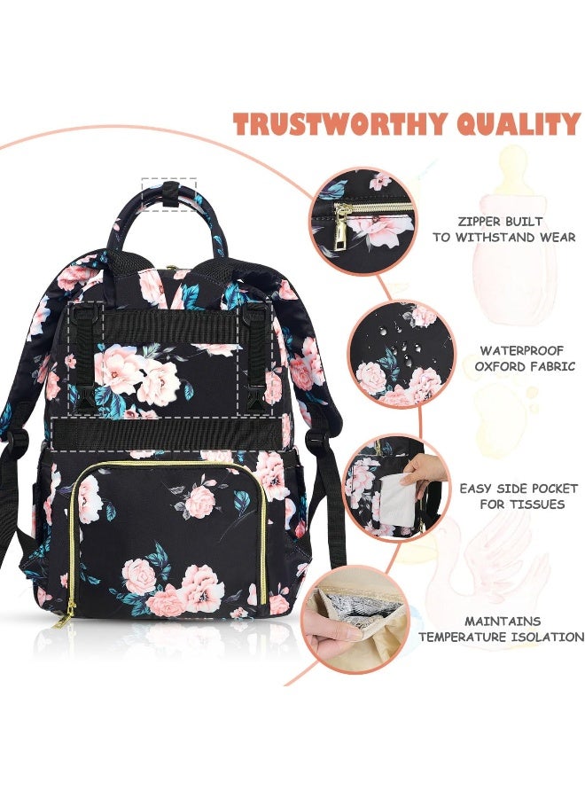 Tenot Baby Diaper Bag Backpack, Travel Diaper Bags for Baby Girl Boy Large Capacity Baby Bag Backpack for Women Black Floral - Image 5