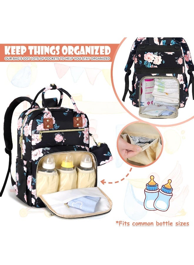 Tenot Baby Diaper Bag Backpack, Travel Diaper Bags for Baby Girl Boy Large Capacity Baby Bag Backpack for Women Black Floral - Image 4