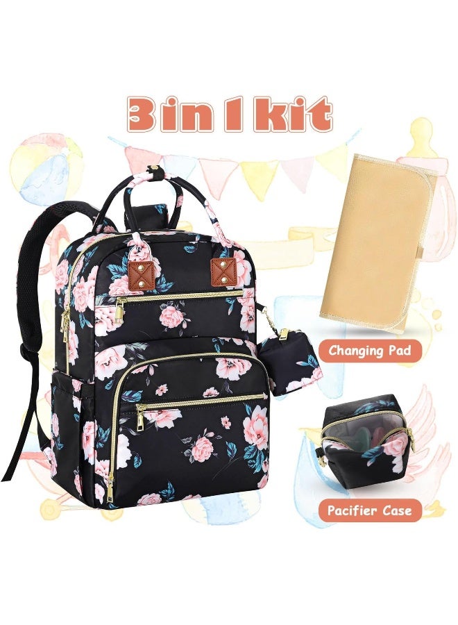 Tenot Baby Diaper Bag Backpack, Travel Diaper Bags for Baby Girl Boy Large Capacity Baby Bag Backpack for Women Black Floral - Image 3