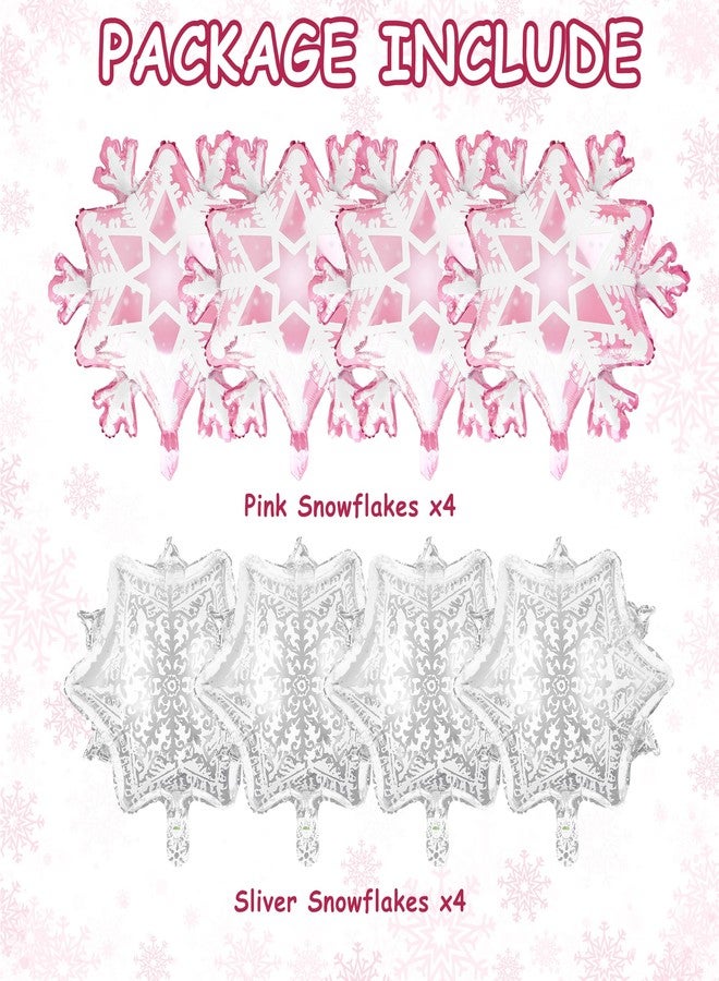 Kriyokiaa 21" Snowflake Balloons, 8 Pcs Winter Onederland 1st Birthday Girl Decor Pink Sliver Snowflake Foil Balloons for Winter Theme Baby Shower Decorations, Christmas Snowflake Decor - Image 3