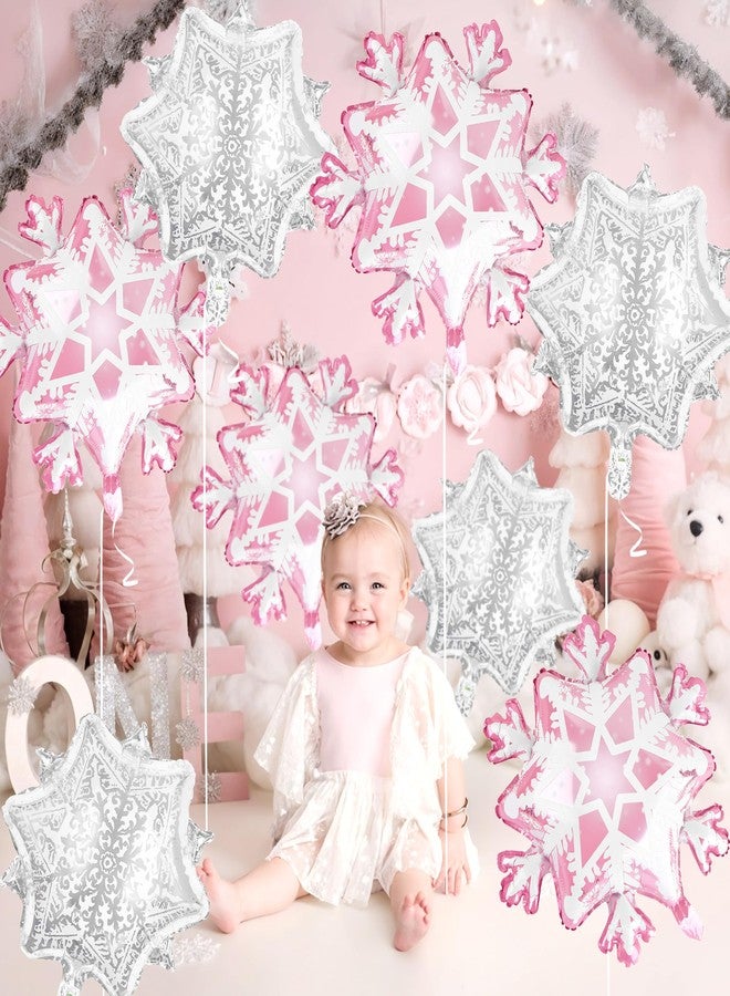 Kriyokiaa 21" Snowflake Balloons, 8 Pcs Winter Onederland 1st Birthday Girl Decor Pink Sliver Snowflake Foil Balloons for Winter Theme Baby Shower Decorations, Christmas Snowflake Decor - Image 2