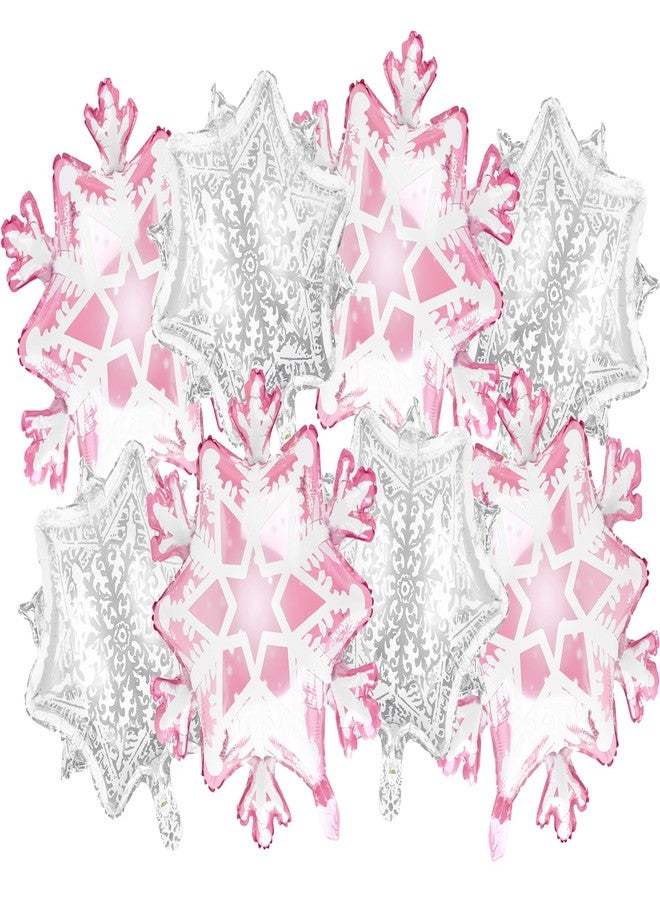 Kriyokiaa 21" Snowflake Balloons, 8 Pcs Winter Onederland 1st Birthday Girl Decor Pink Sliver Snowflake Foil Balloons for Winter Theme Baby Shower Decorations, Christmas Snowflake Decor - Image 1