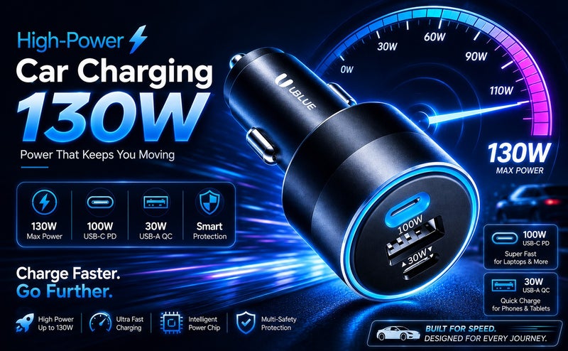 يوبلو شاحن سيارة UBLUE USB-C، بقوة 130 واط، بثلاثة منافذ (منفذان USB-C + منفذ USB-A)، يدعم الشحن السريع PD 3.0 وPPS، والشحن السريع QC 3.0، مصنوع من سبائك الألومنيوم، يعمل بجهد 12-24 فولت تيار مستمر، لون أسود - Image 2