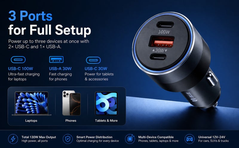 يوبلو شاحن سيارة UBLUE USB-C، بقوة 130 واط، بثلاثة منافذ (منفذان USB-C + منفذ USB-A)، يدعم الشحن السريع PD 3.0 وPPS، والشحن السريع QC 3.0، مصنوع من سبائك الألومنيوم، يعمل بجهد 12-24 فولت تيار مستمر، لون أسود - Image 3