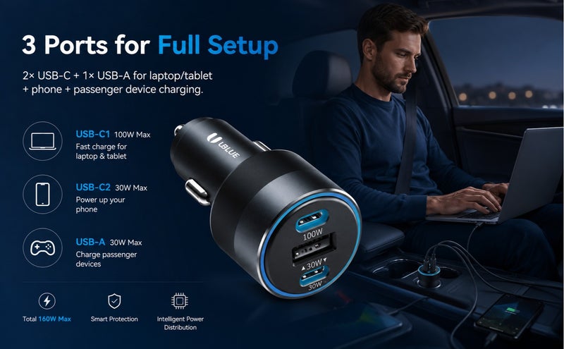 يوبلو شاحن سيارة UBLUE USB-C، بقوة 130 واط، بثلاثة منافذ (منفذان USB-C + منفذ USB-A)، يدعم الشحن السريع PD 3.0 وPPS، والشحن السريع QC 3.0، مصنوع من سبائك الألومنيوم، يعمل بجهد 12-24 فولت تيار مستمر، لون أسود - Image 4