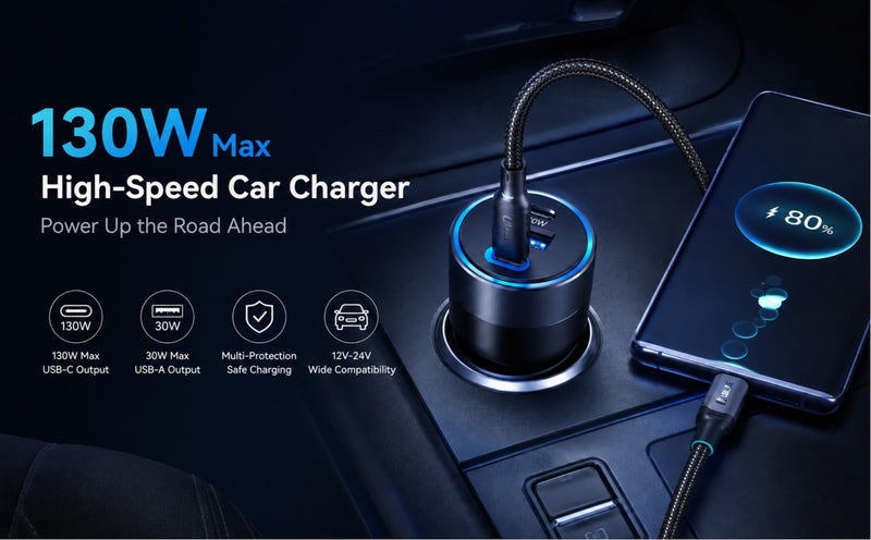 يوبلو شاحن سيارة UBLUE USB-C، بقوة 130 واط، بثلاثة منافذ (منفذان USB-C + منفذ USB-A)، يدعم الشحن السريع PD 3.0 وPPS، والشحن السريع QC 3.0، مصنوع من سبائك الألومنيوم، يعمل بجهد 12-24 فولت تيار مستمر، لون أسود - Image 5