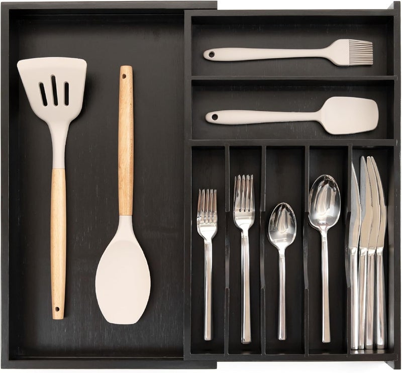 KitchenEdge Premium Silverware Flatware and Utensil Organizer for Kitchen Drawers FoodSafe Contract Grade Expandable from 105 to 19 In Black Bamboo